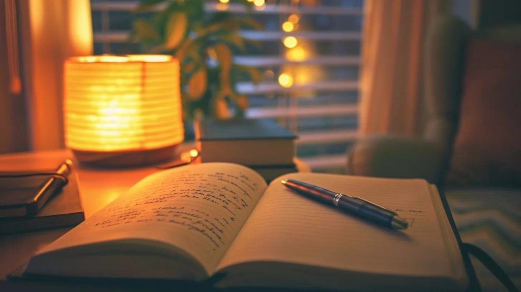 An open journal with handwritten notes and a pen rests on a table beside a glowing lamp. Books and a potted plant are in the background, creating a cozy, softly-lit atmosphere.