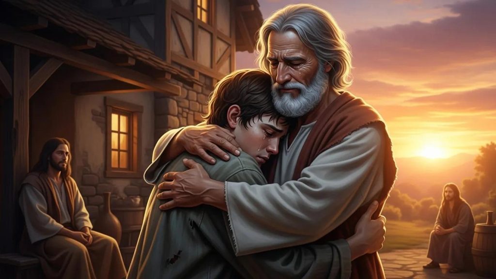 An elderly man with a white beard warmly embraces a younger man outside a rustic house at sunset, while two other figures sit nearby, watching the scene.