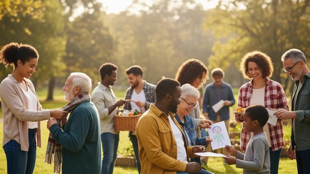A diverse group of people of various ages gather outdoors in a park, smiling and interacting. Some exchange drawings, others offer food, and a woman helps an older man adjust his scarf. Trees and sunlight are in the background.