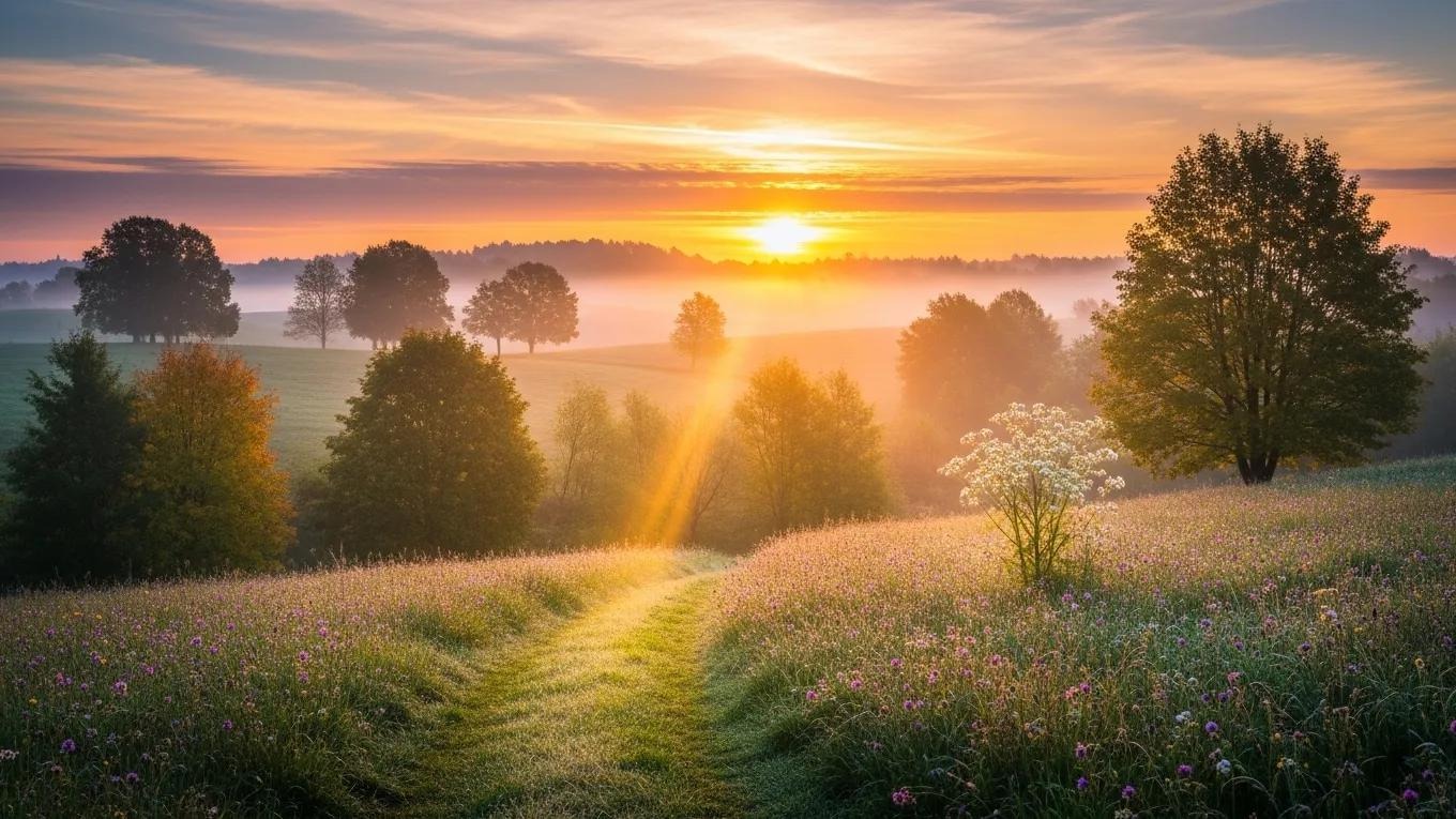A grassy path winds through a meadow with wildflowers and dew, framed by trees under a glowing sunrise. Mist rises in the distance, and golden sunlight streams through the foliage, creating a peaceful, serene scene.