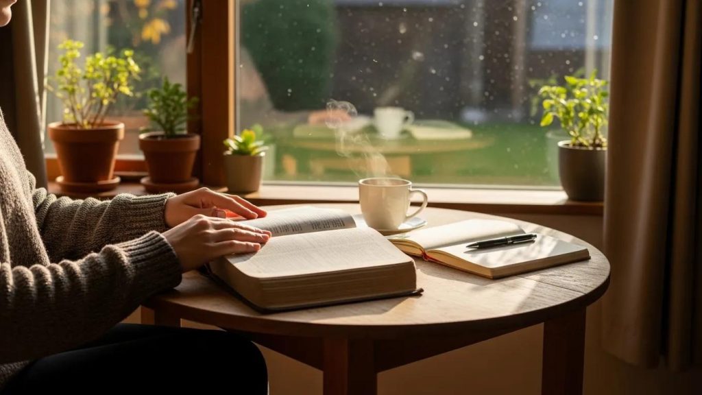 A person sits at a round table by a window, reading a book with a cup of steaming coffee, a notebook, and a pen nearby. Sunlight illuminates potted plants on the windowsill and the cozy scene.