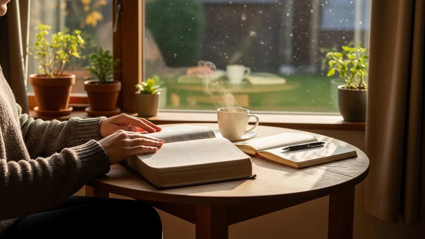 A person sits at a round table by a window, reading a book with a cup of steaming coffee, a notebook, and a pen nearby. Sunlight illuminates potted plants on the windowsill and the cozy scene.