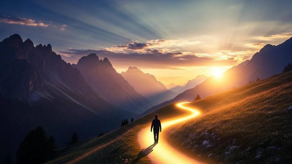 A person walks alone on a glowing, winding path through a grassy mountain landscape at sunset, with rays of sunlight streaming over distant peaks and illuminating the sky.