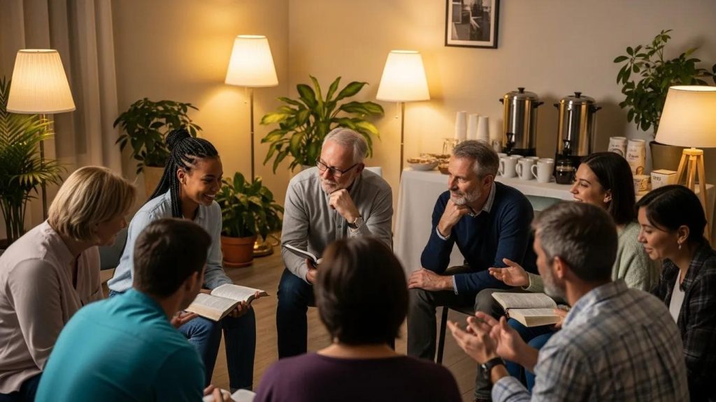 A group of adults sitting in a circle in a cozy, well-lit room, engaged in a discussion. Some hold books, and everyone appears to be listening or talking. There are plants, lamps, and refreshments in the background.