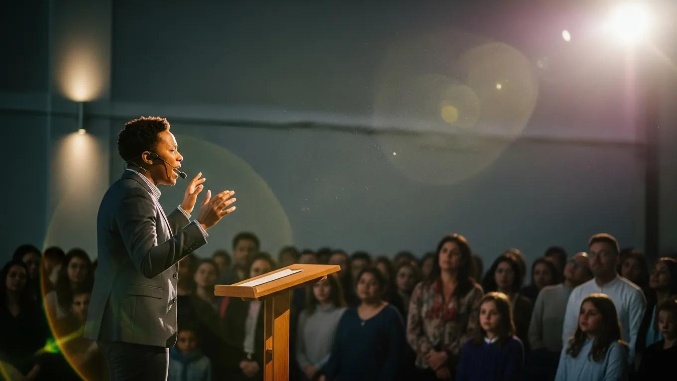A person in a suit speaks passionately at a podium with a headset microphone to a large, attentive audience in a dimly lit room, illuminated by a bright spotlight.
