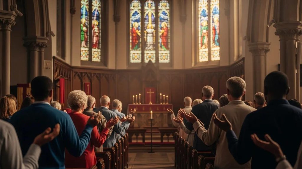 Individuals using spiritual gifts in community service, illustrating the impact of the Holy Spirit at Pentecost A diverse group of people stand in prayer with raised hands inside a church, facing an altar with lit candles and a cross, beneath large, colorful stained glass windows.