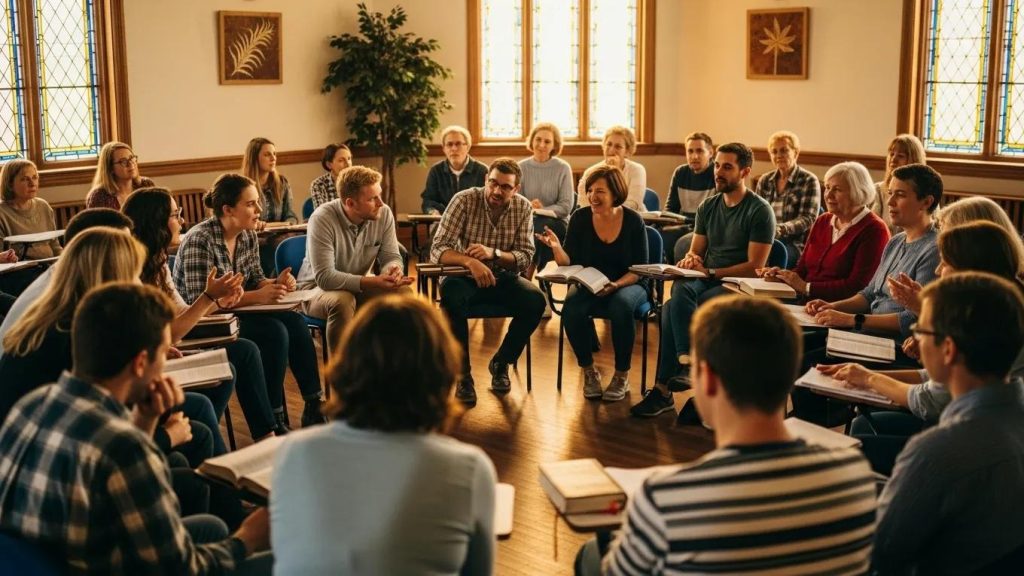 A large group of adults sits in a circle in a bright room with stained-glass windows, engaged in discussion and holding books, suggesting a study group or community meeting.