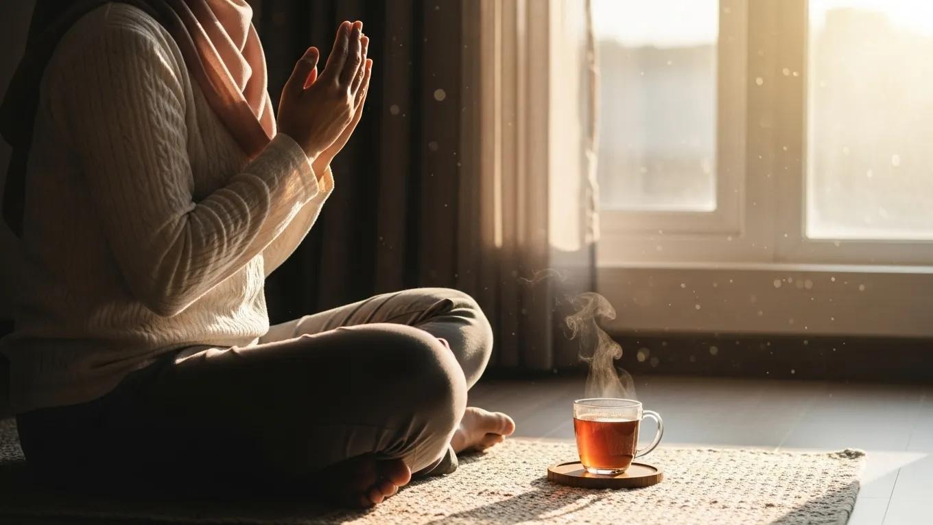 A person sits cross-legged on a rug by a window, hands raised in prayer or reflection, with sunlight streaming in. A steaming cup of tea rests on a saucer nearby, creating a peaceful, cozy atmosphere.