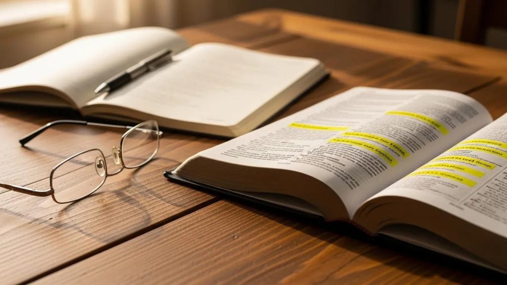 A pair of eyeglasses rests on a wooden table beside an open book with highlighted text and another open book with a pen placed on top, all bathed in warm, natural light.