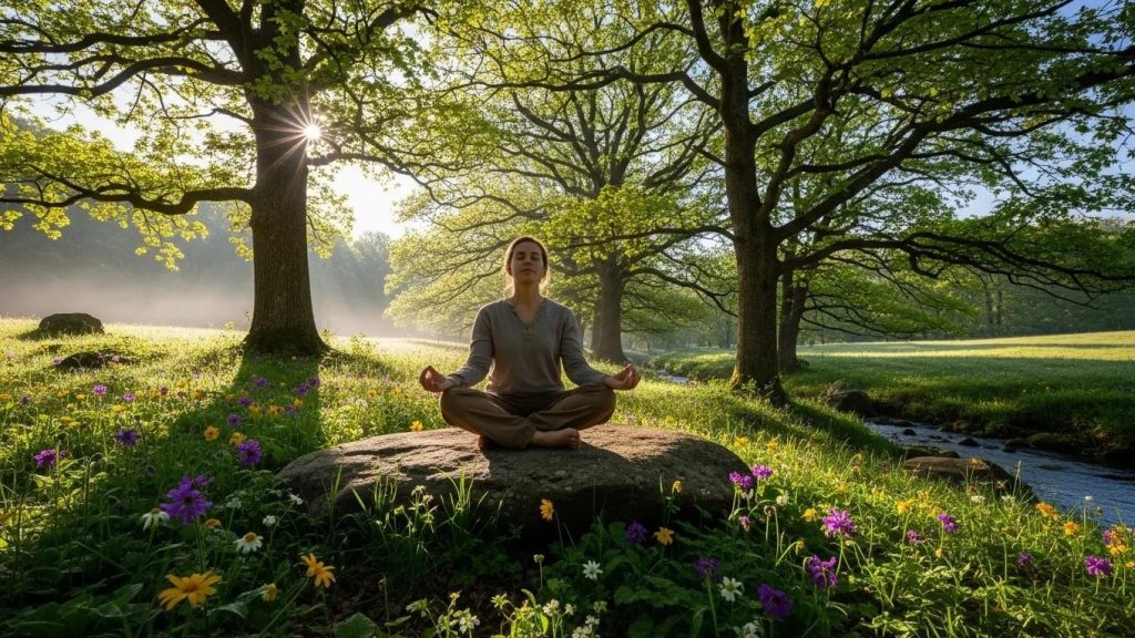 A person meditates cross-legged on a rock in a sunlit meadow, surrounded by wildflowers and trees, with sunlight streaming through the branches and a small stream flowing nearby.