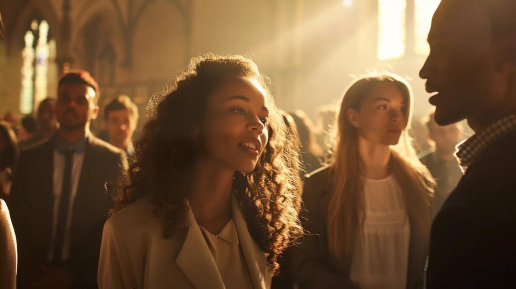 A woman with curly hair smiles and talks to a man in a sunlit room filled with people. The atmosphere is warm, with light streaming through tall windows in the background.