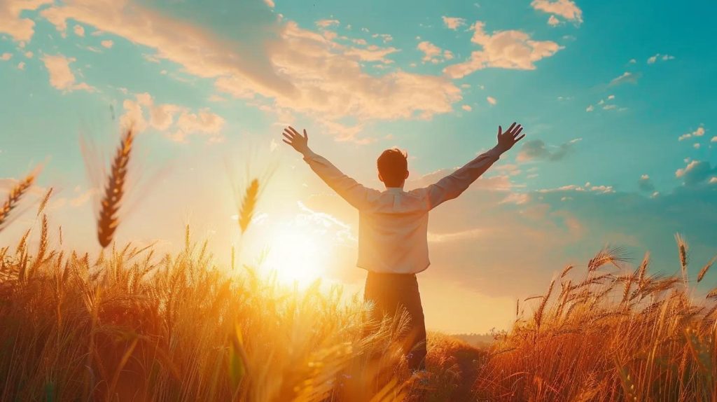 A person stands in a field of tall wheat with arms raised, facing a vibrant sunrise or sunset. The sky is scattered with clouds, creating a warm and uplifting atmosphere.