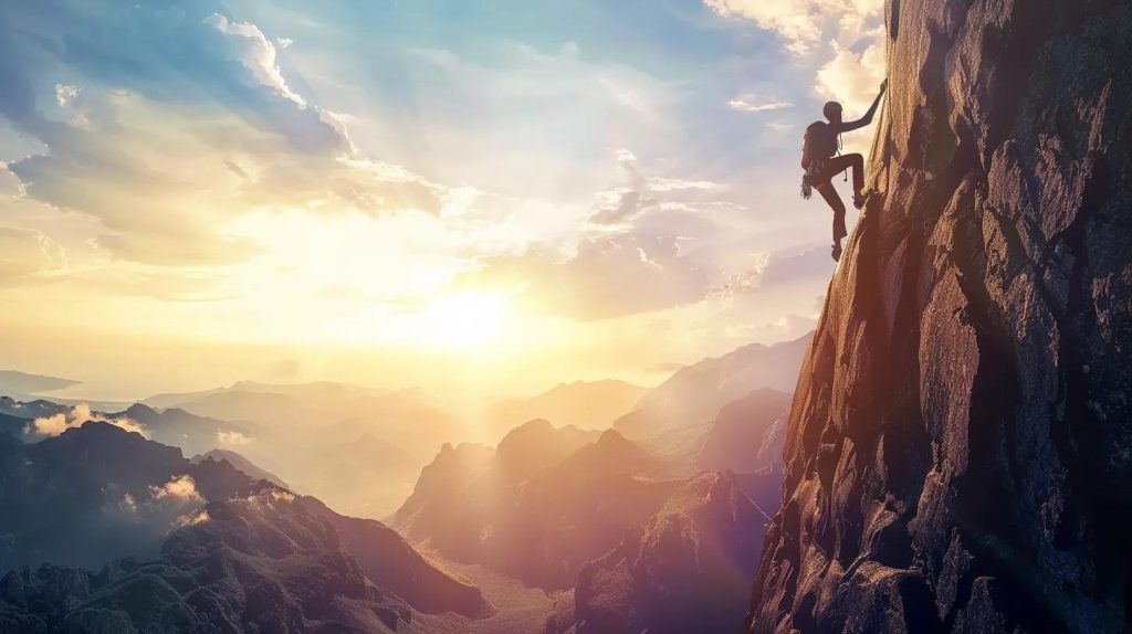 A person climbs a steep rocky mountain at sunrise or sunset, silhouetted against a colorful sky with sun rays and clouds over distant peaks.