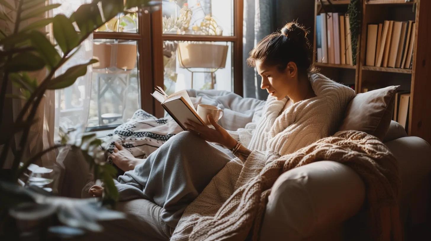 A woman in cozy clothes sits on a sofa by a sunny window, reading a book and holding a mug. She is surrounded by blankets, plants, and bookshelves, creating a warm and peaceful atmosphere.