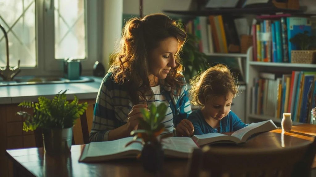 A woman and a young child sit at a wooden table reading books together in a sunlit room with bookshelves and houseplants in the background.