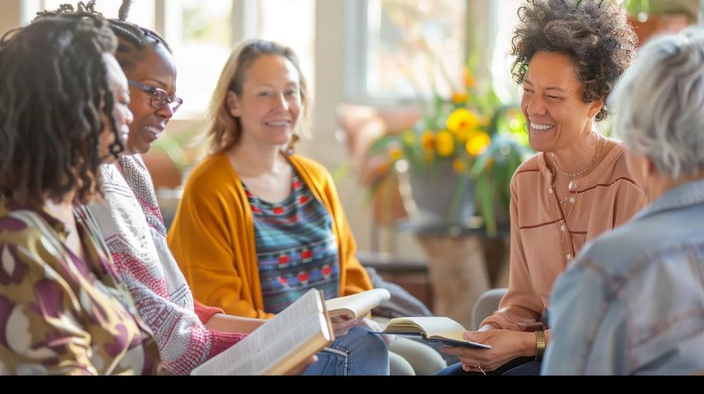 Five women sit in a circle indoors, smiling and talking, with open books in their hands. Bright sunlight and flowers are visible in the background, creating a warm and friendly atmosphere.