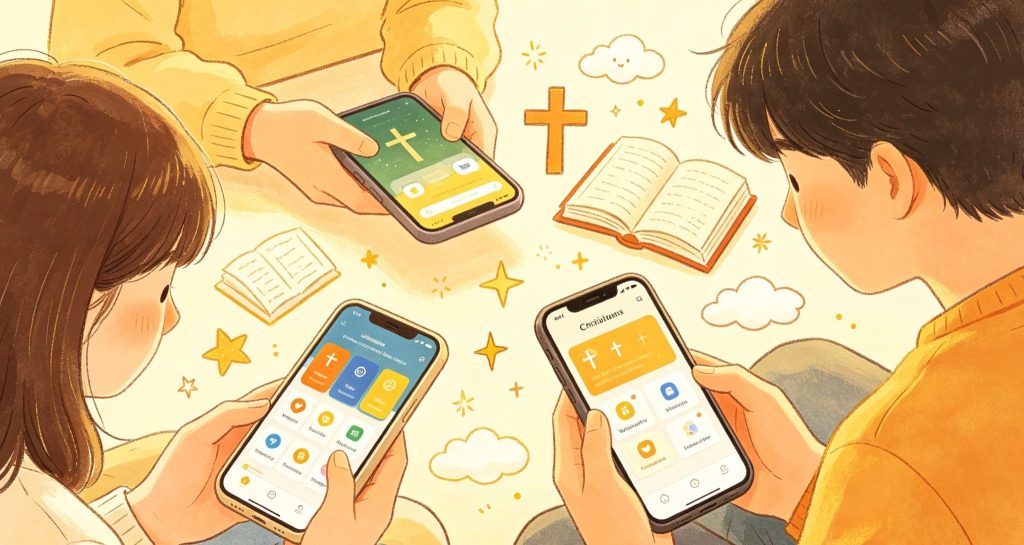 Three children sit together holding smartphones displaying a Christian app, with an open Bible and a cross symbol nearby. The scene is soft and warm, illustrated with stars and clouds in the background.