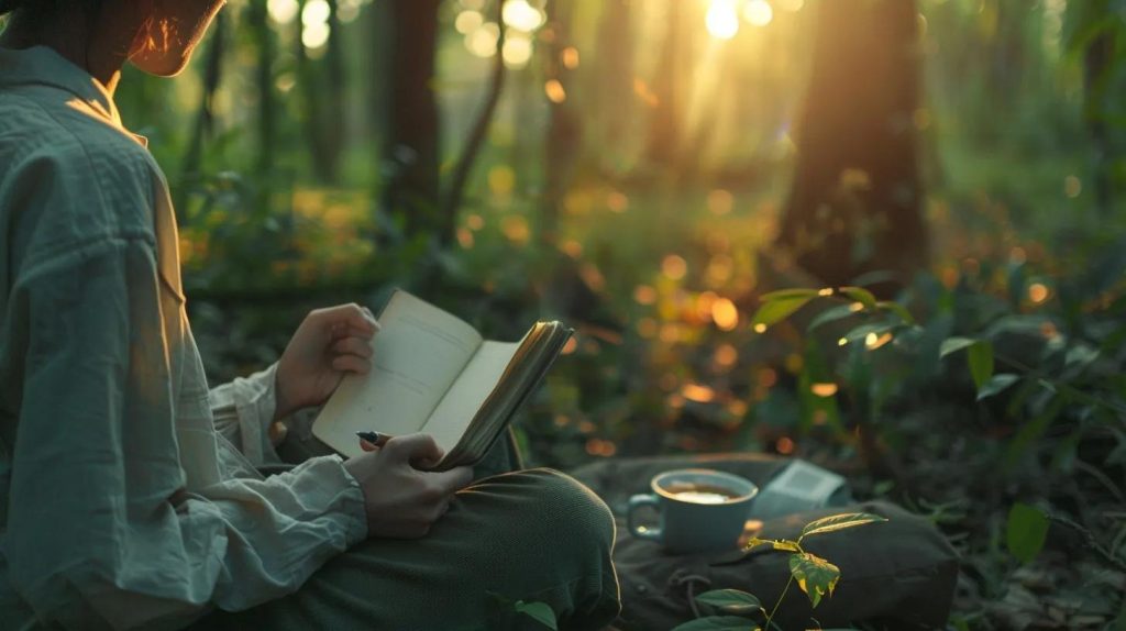 A person sits in a sunlit forest, reading a book. Soft sunlight filters through the trees, and a cup and a bag rest on the ground nearby among green foliage.