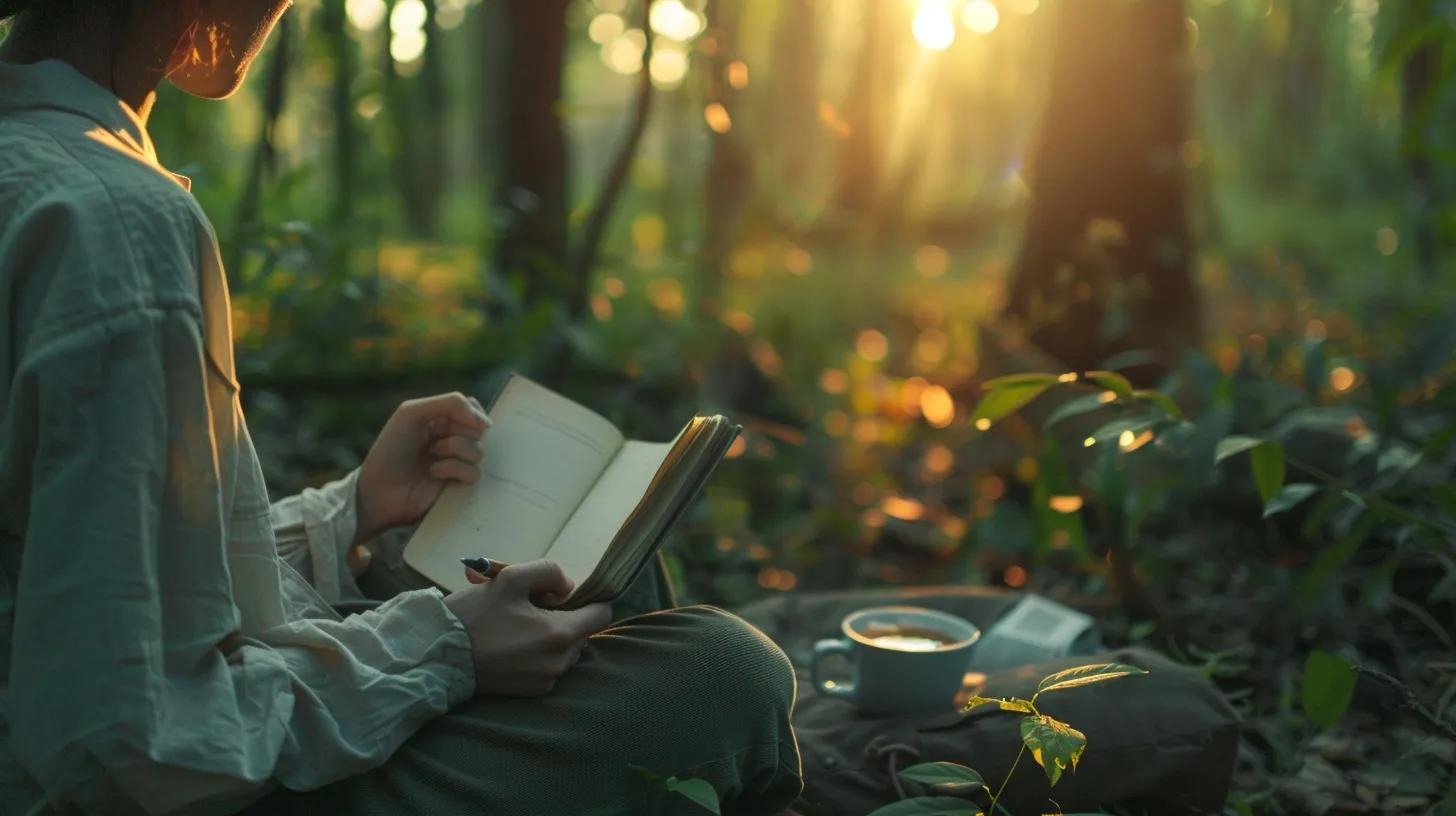 A person sits in a sunlit forest, reading a book. Soft sunlight filters through the trees, and a cup and a bag rest on the ground nearby among green foliage.