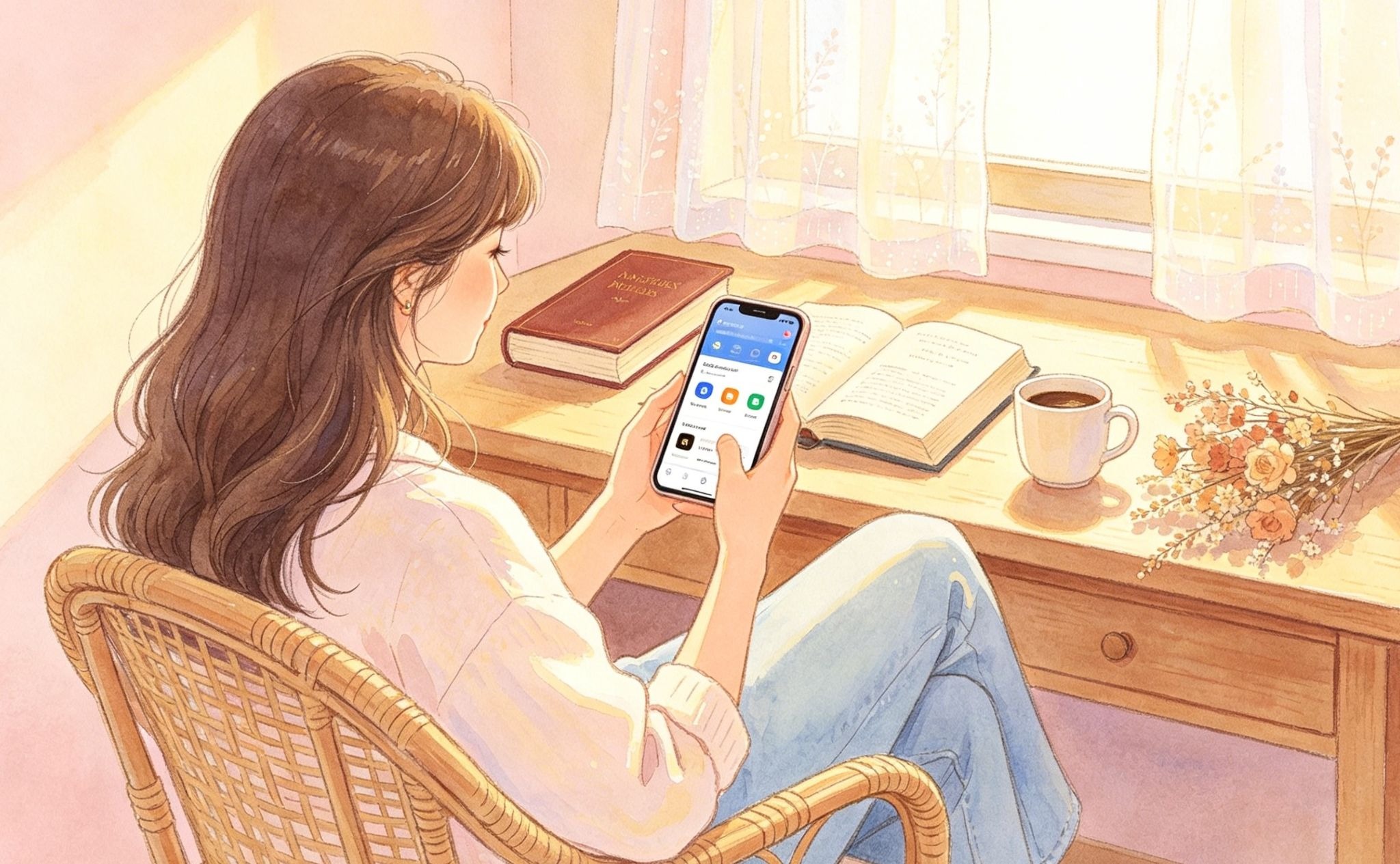 A woman with long brown hair sits in a wicker chair by a sunlit window, holding a smartphone. On the wooden desk are books, an open notebook, a cup of coffee, and a small bouquet of flowers.