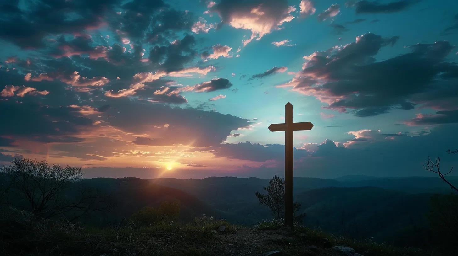 A wooden cross stands on a hilltop under a dramatic sky at sunset, with the sun partially hidden behind distant mountains and colorful clouds filling the sky.