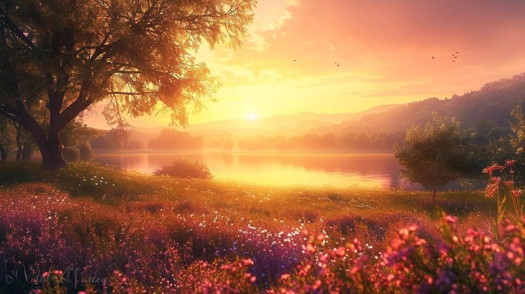 A vibrant sunset illuminates a serene lakeside landscape, with wildflowers in the foreground, calm water reflecting golden light, and trees and hills silhouetted in the distance under a glowing sky.