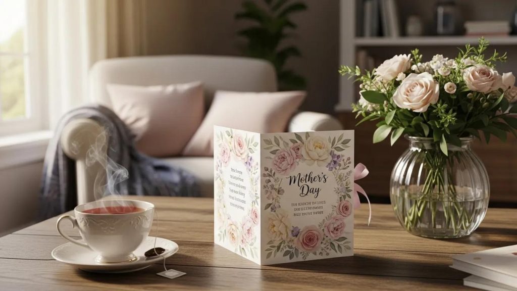 A floral Mother’s Day card stands on a wooden table beside a vase of pink and white roses and a steaming cup of tea, with a cozy armchair and bookshelf in the softly lit background.