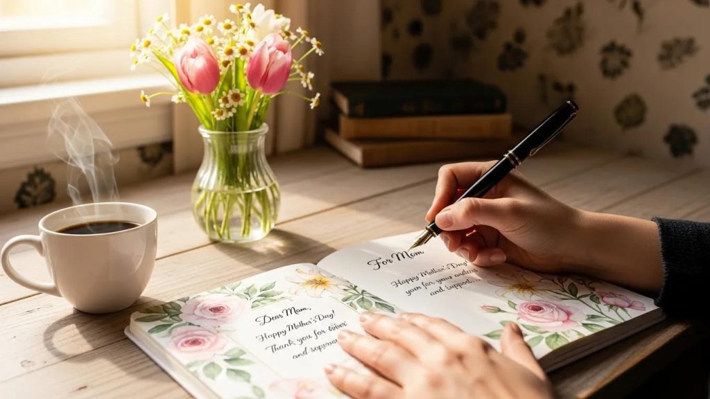 A person writes a message in a floral card on a wooden table beside a cup of coffee, a vase of pink tulips, and yellow flowers, with sunlight streaming through a nearby window.