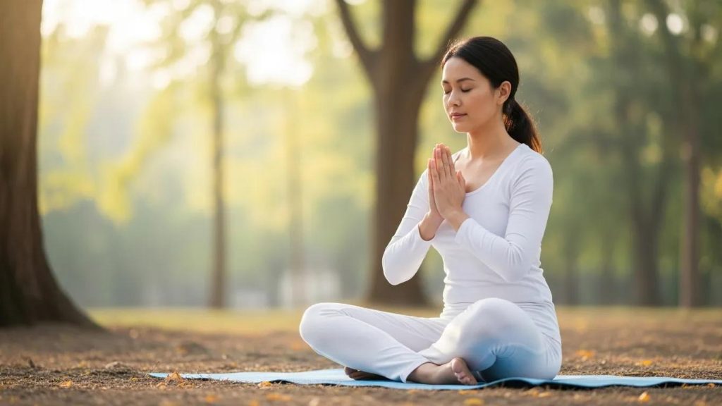 A woman in white clothing sits cross-legged on a yoga mat outdoors, with her eyes closed and hands in a prayer position, meditating in a peaceful, sunlit park with trees in the background.