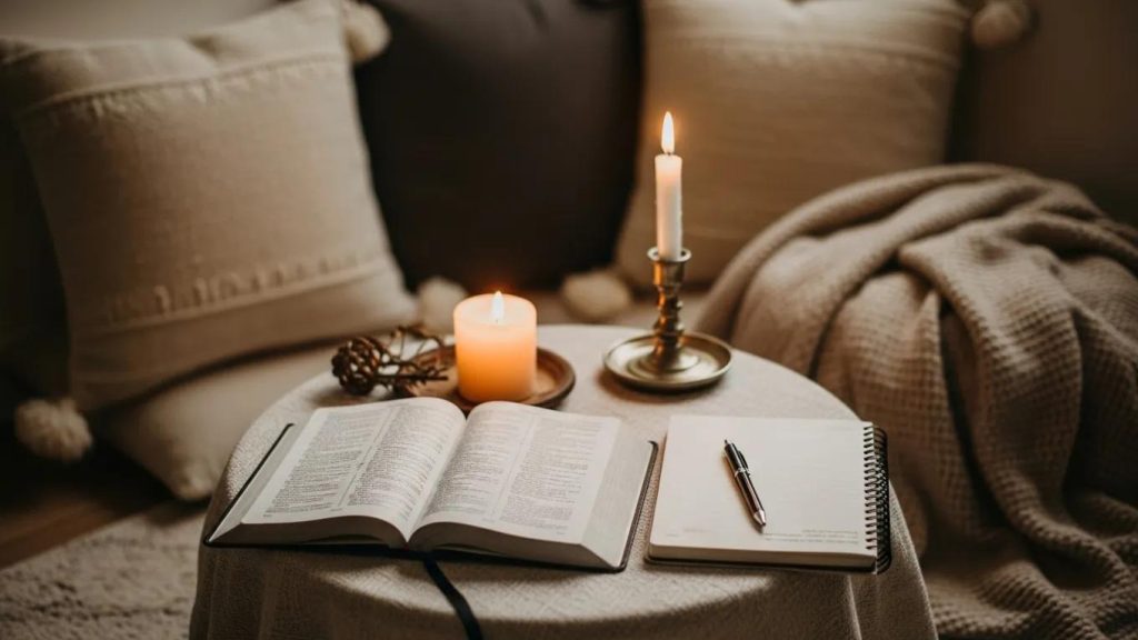 A cozy scene with an open book, a lit candle, a notepad with a pen, and soft pillows and a blanket in the background, all arranged on a round table in warm, ambient lighting.