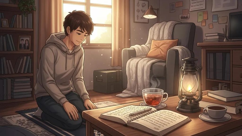 A young person kneels on a rug in a cozy, sunlit room, reading an open notebook on a low table beside a steaming cup of tea and a lit lantern. A comfortable armchair, blanket, and shelves fill the warm, inviting space.