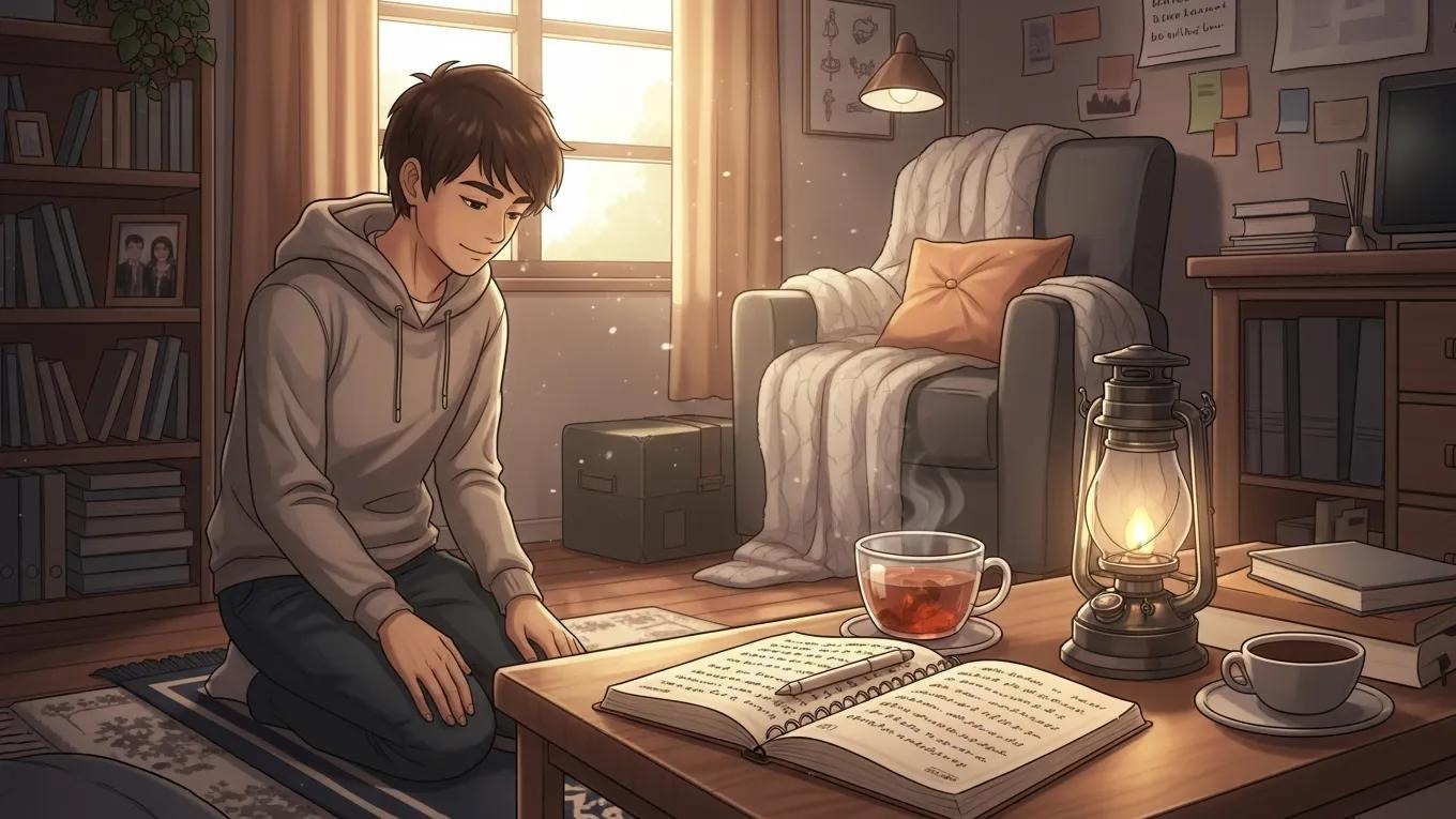 A young person kneels on a rug in a cozy, sunlit room, reading an open notebook on a low table beside a steaming cup of tea and a lit lantern. A comfortable armchair, blanket, and shelves fill the warm, inviting space.