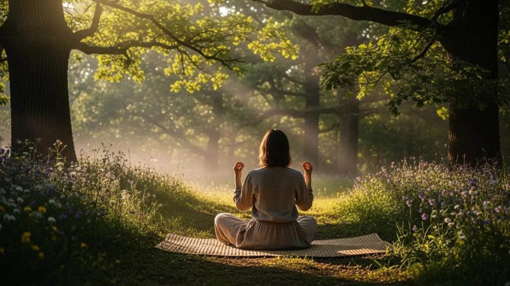 A person sits cross-legged on a mat in a sunlit forest, meditating among tall trees and wildflowers, with soft sunlight streaming through the branches, creating a peaceful and serene atmosphere.