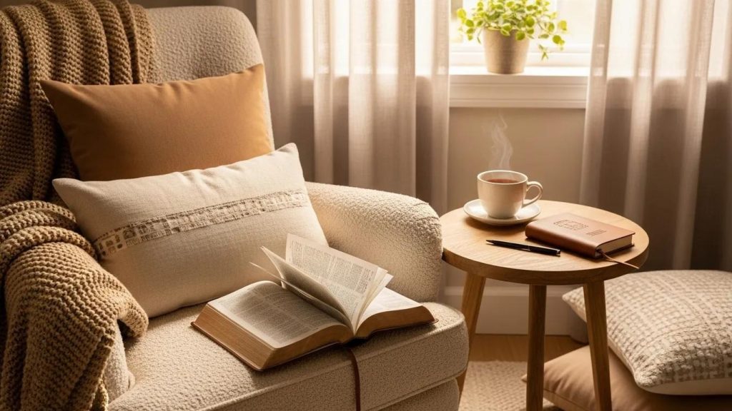 A cozy reading nook with a beige armchair, open book, knit blanket, and pillows. Nearby, a wooden side table holds a steaming cup, notebook, and pen. Sunlight filters through sheer curtains; a potted plant sits on the windowsill.