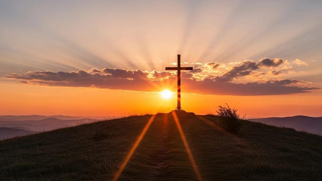 A wooden cross stands on a grassy hilltop at sunset, with sun rays streaming through clouds and the sky glowing orange and pink in the background.