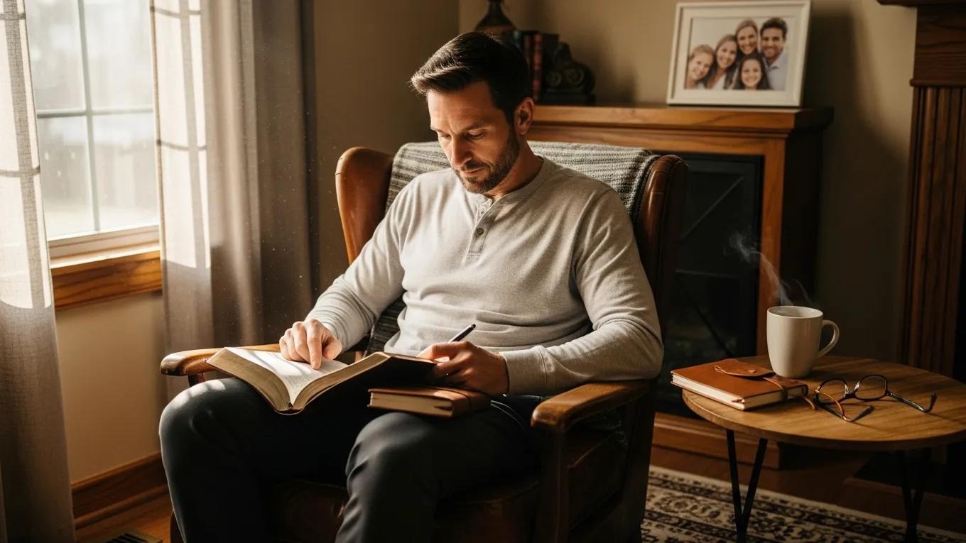 A man sits in an armchair by a window, writing in a notebook with an open book on his lap. A coffee mug, glasses, and notebook are on a side table. A family photo is on a shelf behind him. Warm light fills the cozy room.