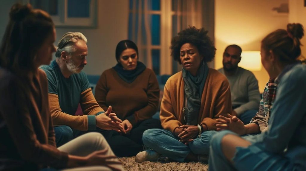 A diverse group of people sit in a circle on the floor in a warmly lit room, engaging in a serious, heartfelt conversation. Some have their eyes closed, suggesting reflection or emotional sharing.