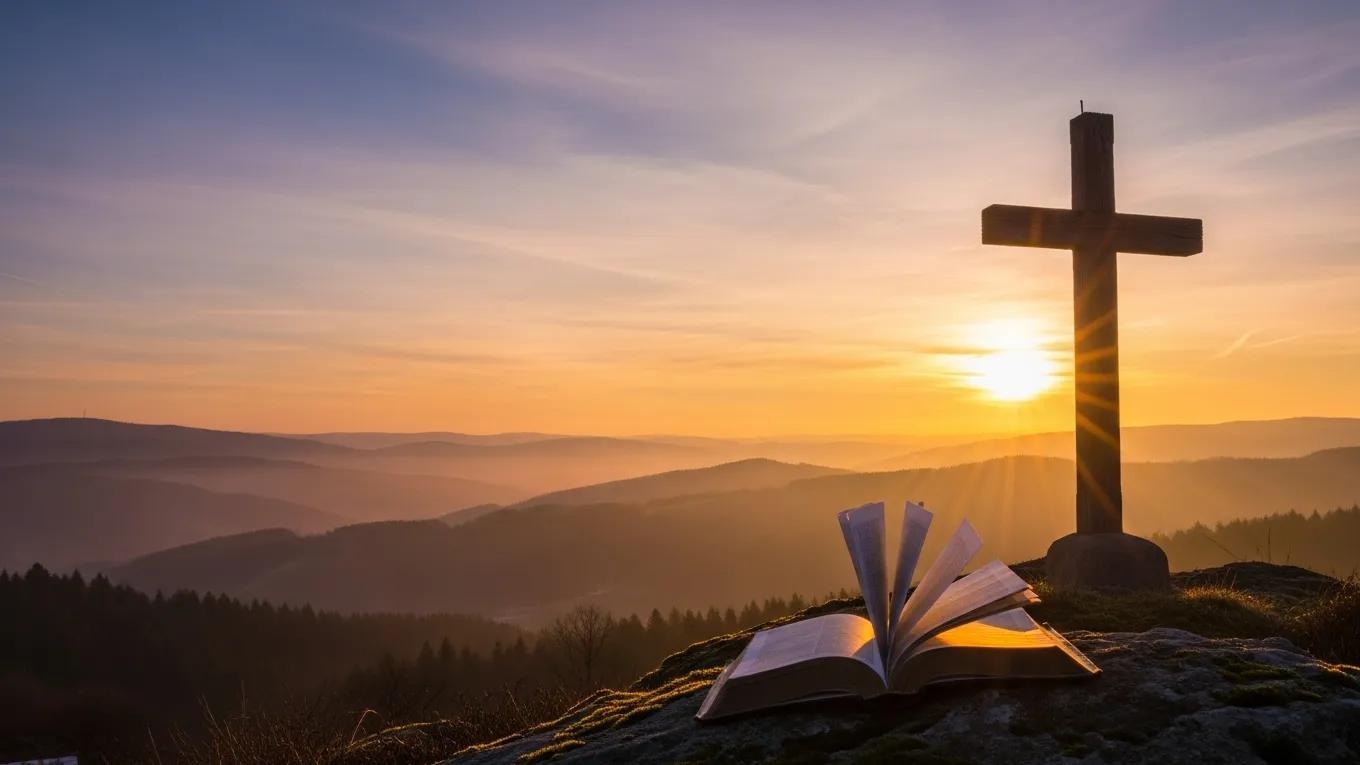 An open Bible rests on a rock beside a wooden cross at sunrise, overlooking misty hills and a forest under a vibrant, colorful sky.