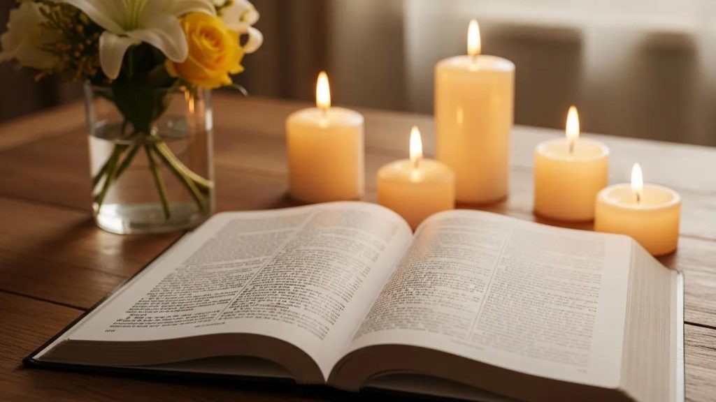 Open Bible with candles and flowers, representing the importance of scripture in prayer for relationships An open book rests on a wooden table next to a vase of white and yellow flowers and five lit candles, creating a warm and peaceful atmosphere.