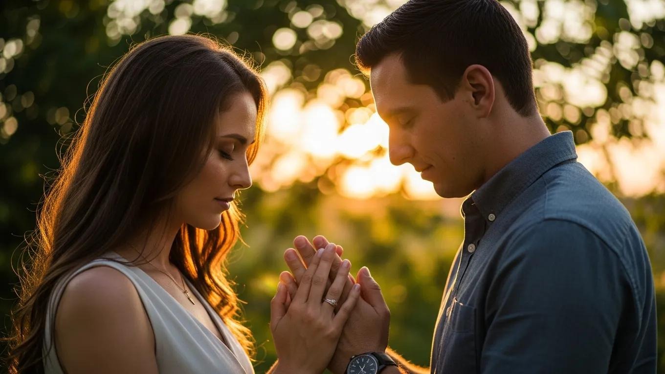A couple stands close together outdoors at sunset, gently holding hands and looking down, with soft sunlight illuminating their faces and greenery in the background.