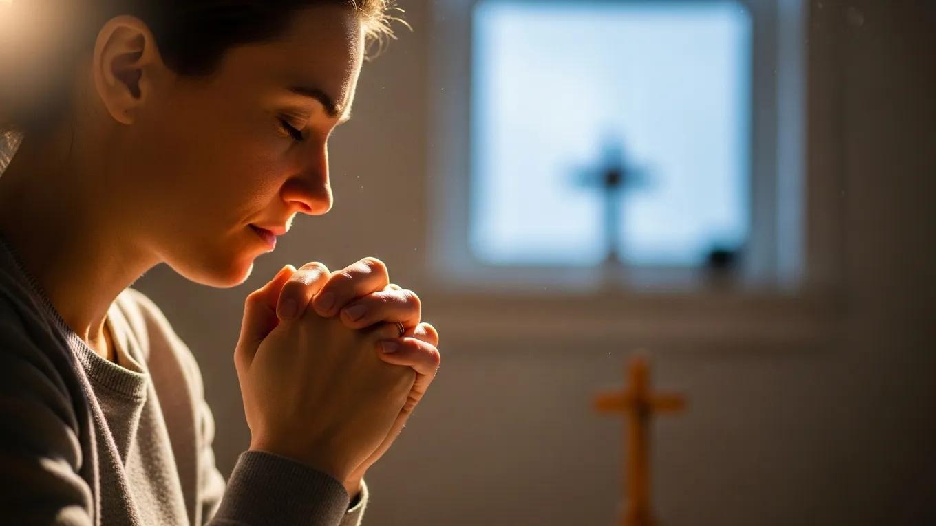 A womans profile, hands clasped in prayer. A faint glow from a window illuminates her face. In the background, a blurred cross stands near the window.