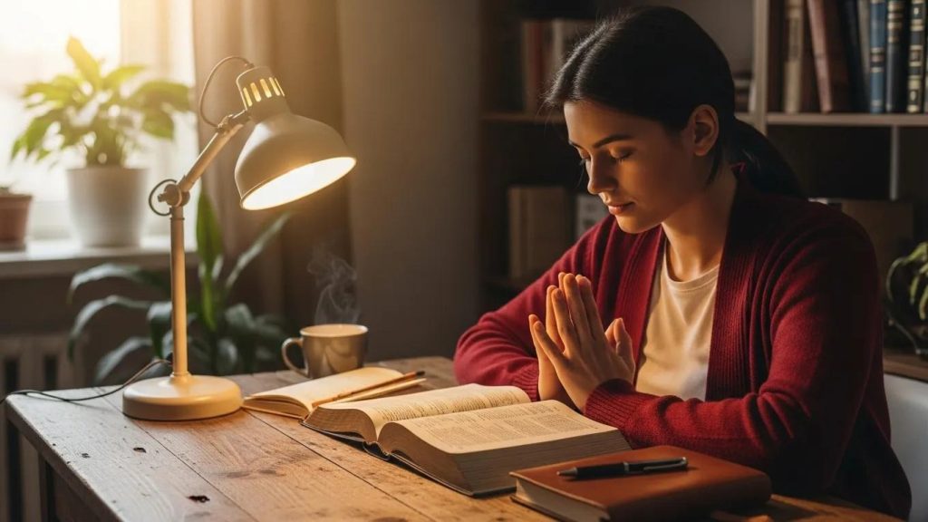 College student engaged in daily devotional practices with Bible and journal A woman sits at a wooden desk with an open book, hands clasped in prayer. A lit desk lamp, notebook, and coffee mug are on the table. Warm light fills the cozy room, with bookshelves and a plant in the background.