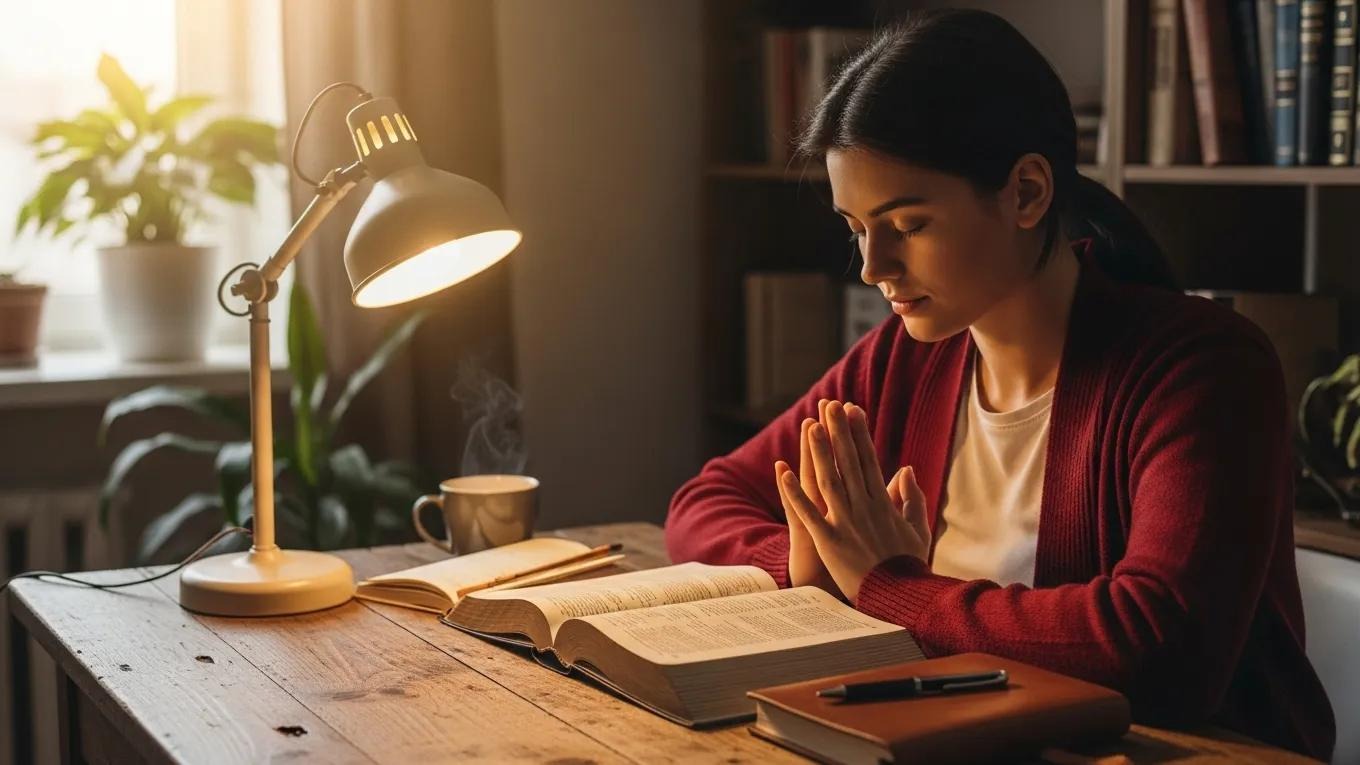 A woman sits at a wooden desk with an open book, hands clasped in prayer. A lit desk lamp, notebook, and coffee mug are on the table. Warm light fills the cozy room, with bookshelves and a plant in the background.