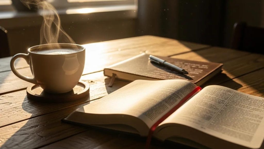 Morning routine with Bible and journal highlighting daily devotional practices A steaming cup of coffee sits on a wooden table next to an open book and a closed notebook with a pen on top, bathed in warm sunlight coming through a nearby window.