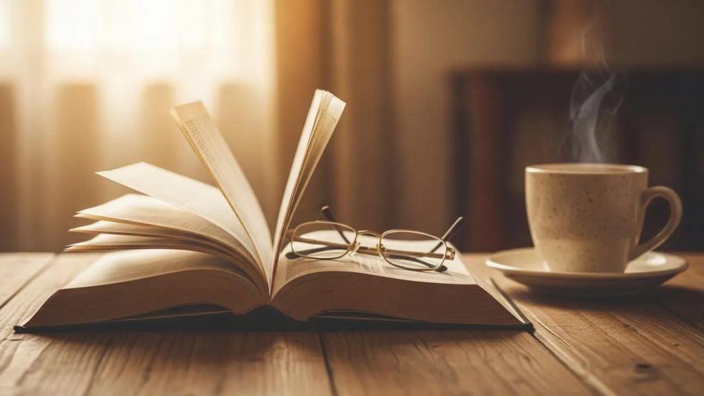 Open Bible with a comforting cup of tea, symbolizing God's presence in grief An open book with pages fanned, a pair of eyeglasses resting on it, and a steaming cup of coffee sit on a wooden table in soft, warm sunlight.