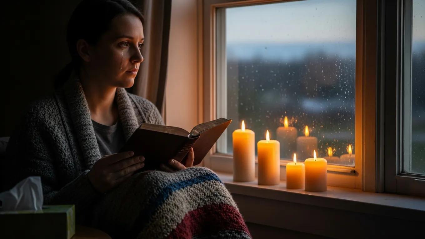 A woman wrapped in a striped blanket reads a book by a window on a rainy day. Several lit candles sit on the windowsill, casting a warm glow in the cozy, dimly lit room.