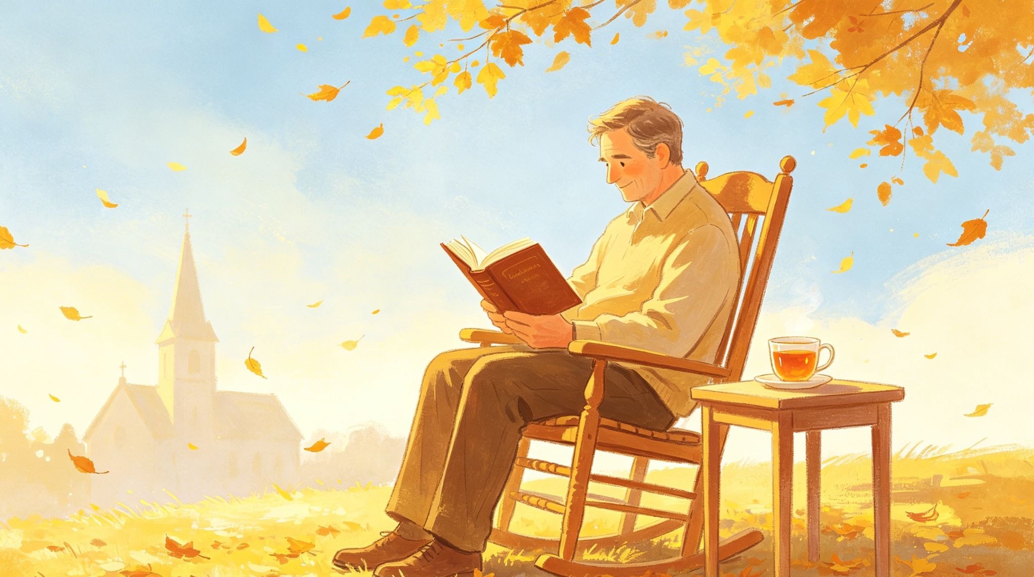 An elderly man sits in a rocking chair outdoors, reading a book on an autumn day. Yellow leaves fall around him. A cup of tea rests on a side table, and a church is visible in the background amid soft sunlight.