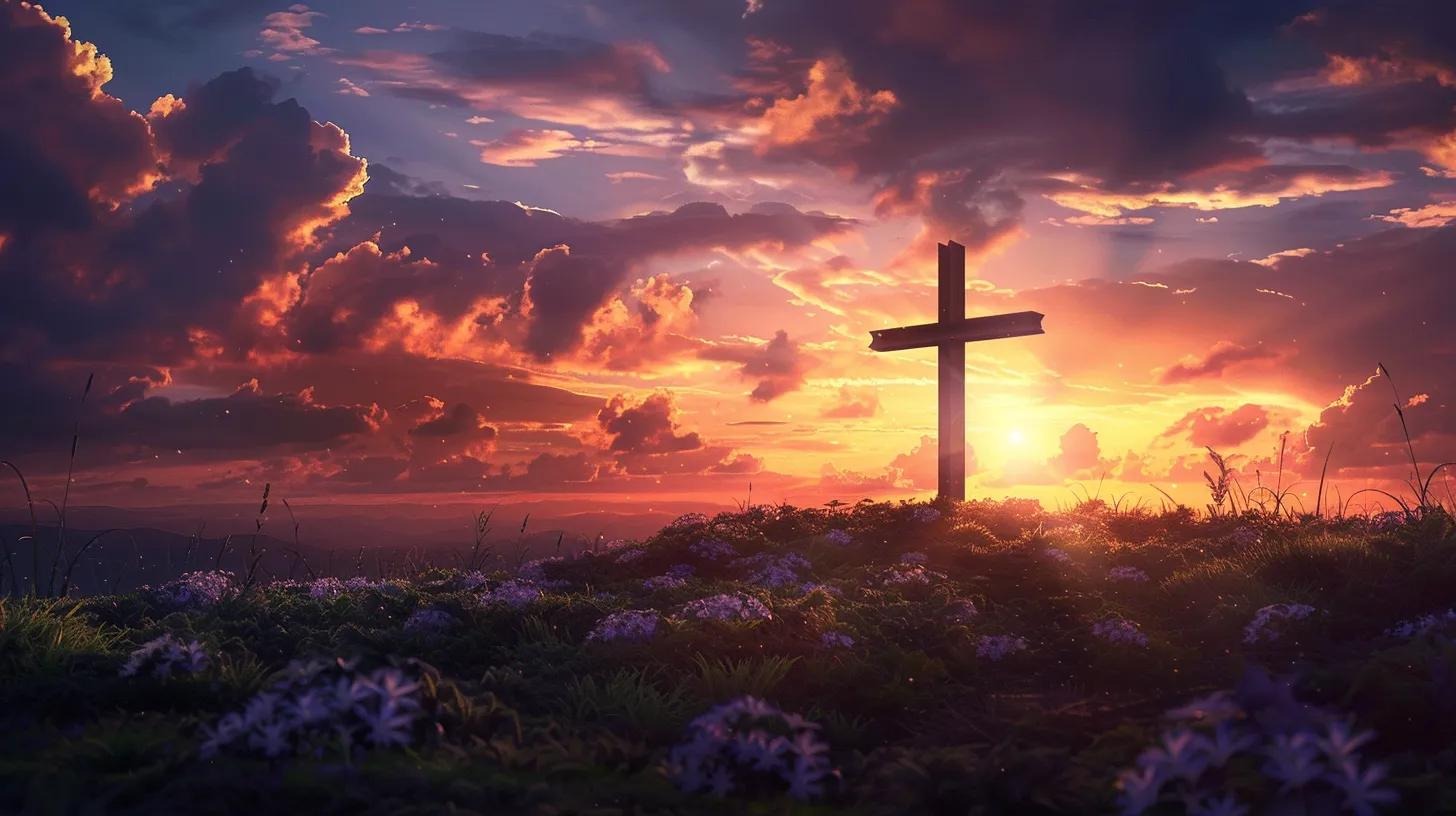 A wooden cross stands on a hill covered in grass and purple flowers, silhouetted against a dramatic sunset sky filled with colorful clouds and radiant sunlight.