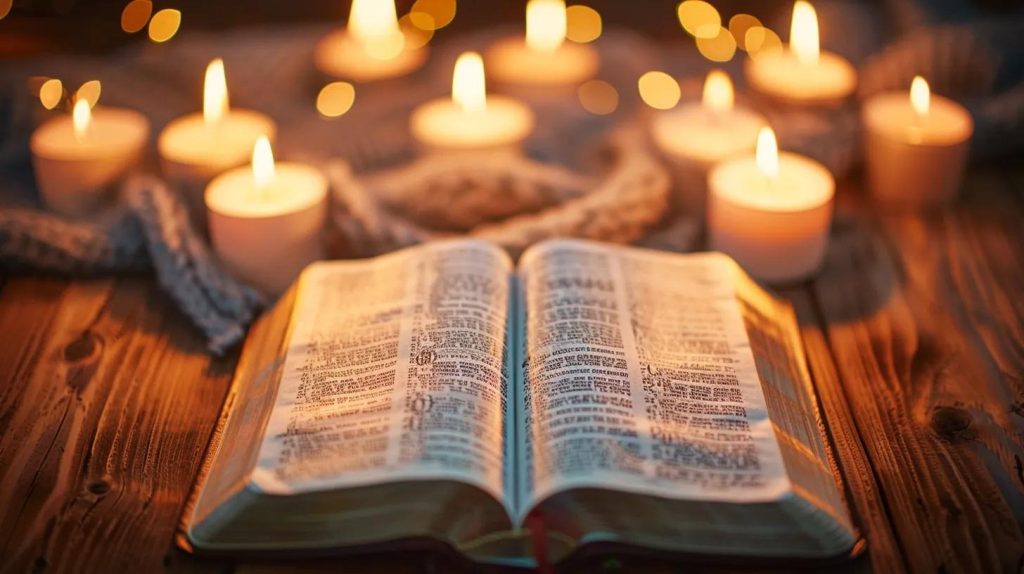 An open Bible rests on a wooden table, surrounded by several lit candles that cast a warm, soft glow over the pages and create a peaceful, reflective atmosphere.