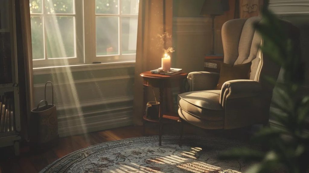 Sunlight streams through a window onto a cozy reading nook with an armchair, a small table holding a lit candle, and books, all resting on an ornate rug. The atmosphere is warm and peaceful.